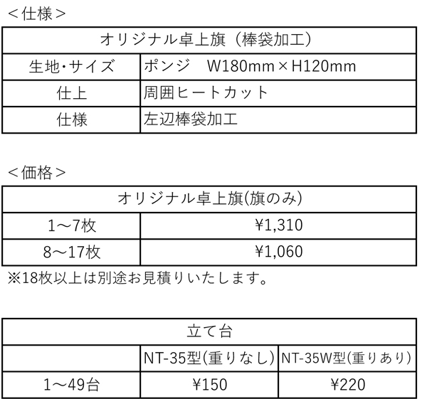 オリジナル卓上旗(棒袋加工) 仕様・価格