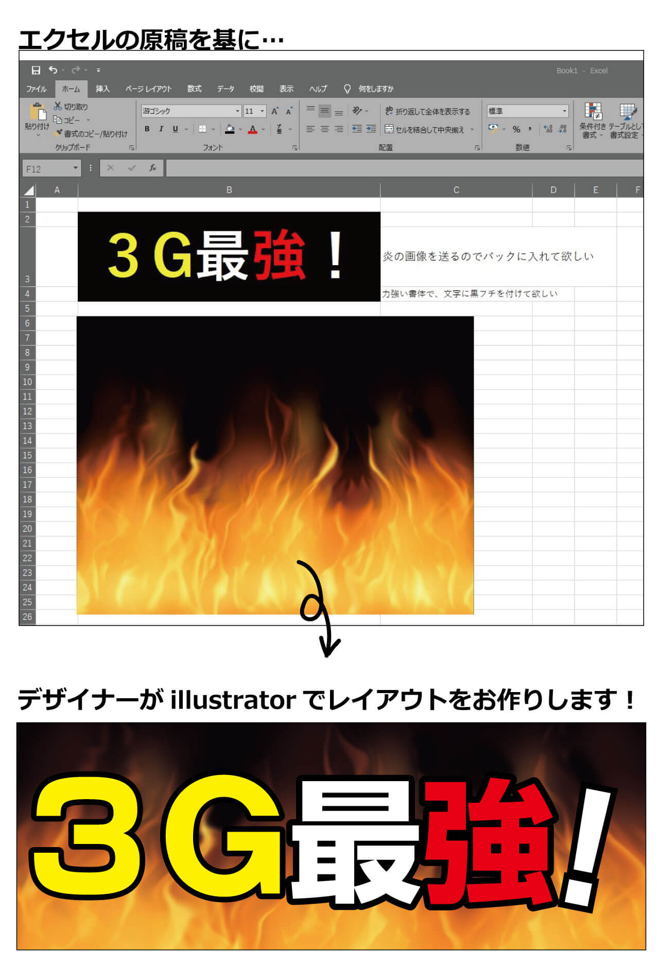 エクセルやワードのデータからillustratorに書き直すデザイン料も無料です