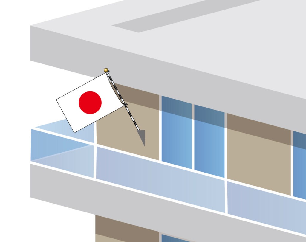 旗の端が建物の壁や地面に触れないよう、ポールを斜めにして掲げる