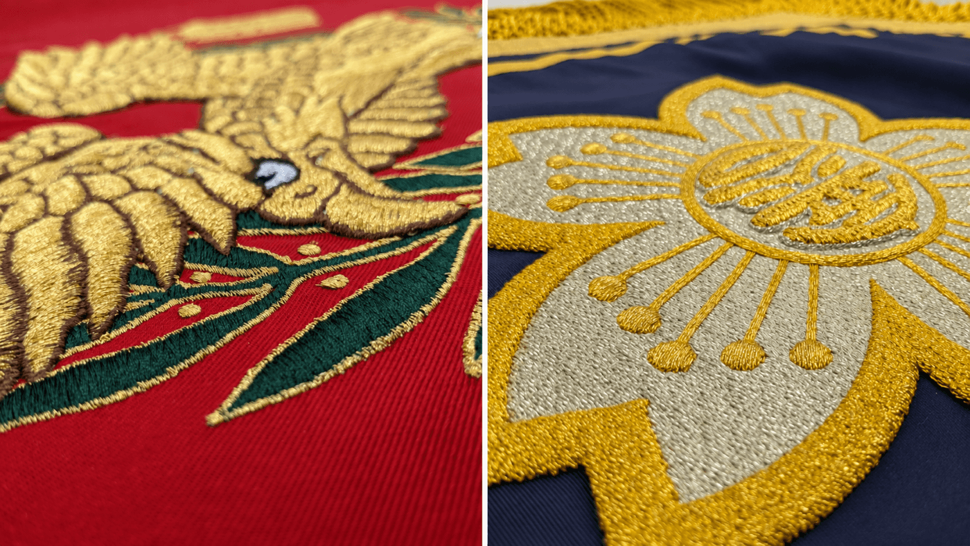 手刺繍・ミシン刺繍や生地・フレンジ・金モールなどの選択肢